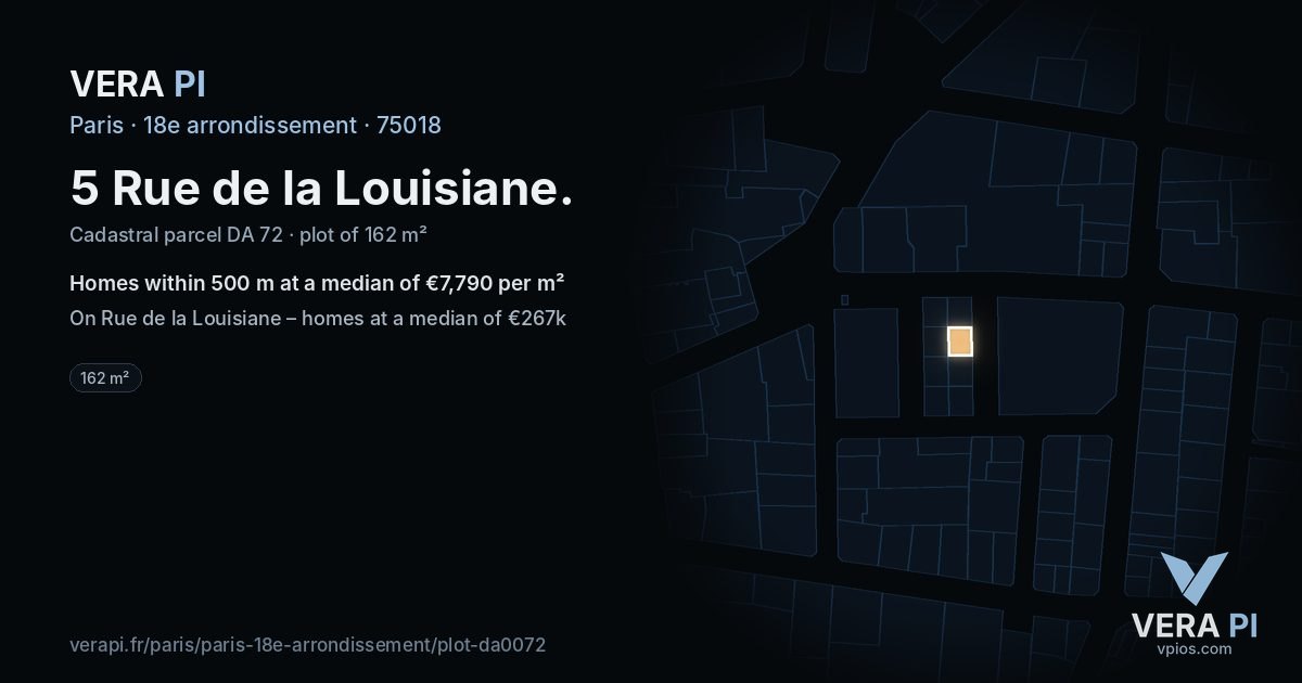 5 Rue de la Louisiane, 18e arrondissement at night – the plot lit, the parcels around coloured by the prices near them