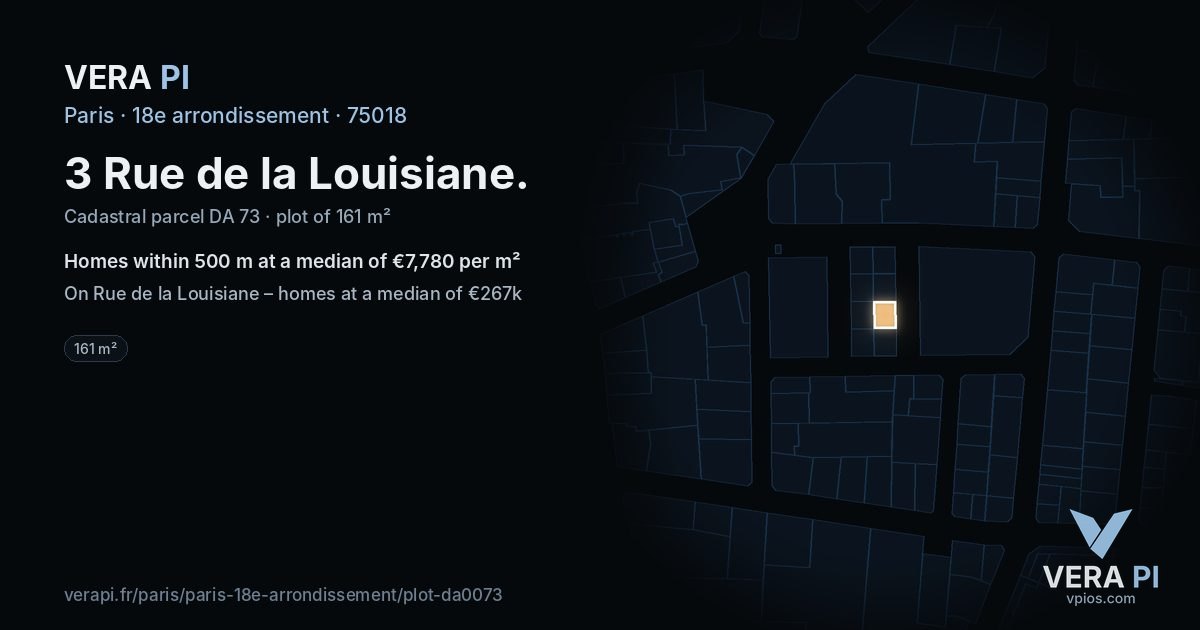 3 Rue de la Louisiane, 18e arrondissement at night – the plot lit, the parcels around coloured by the prices near them