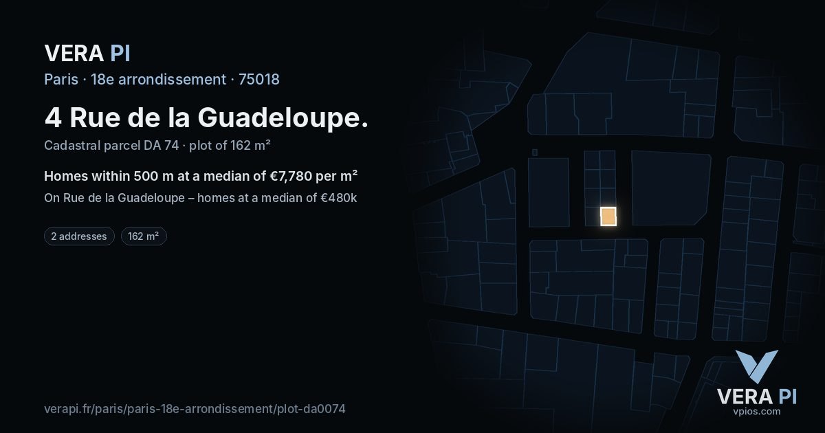 4 Rue de la Guadeloupe, 18e arrondissement at night – the plot lit, the parcels around coloured by the prices near them
