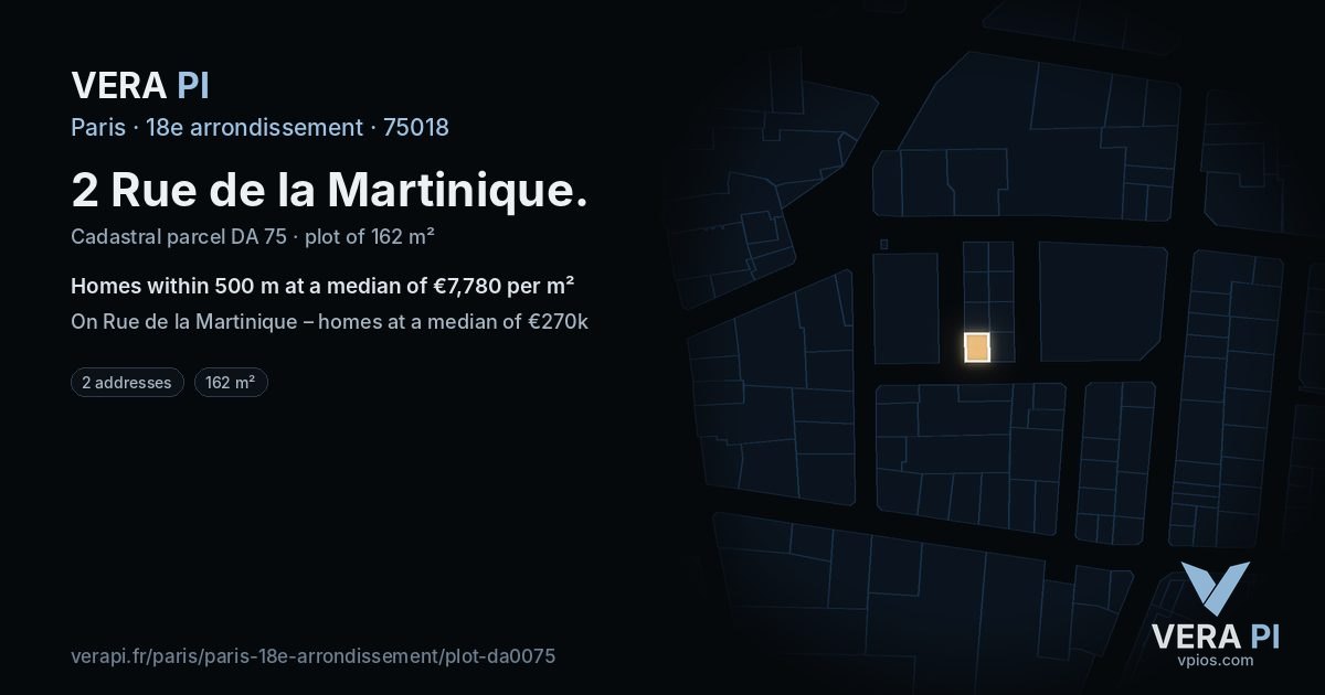 2 Rue de la Martinique, 18e arrondissement at night – the plot lit, the parcels around coloured by the prices near them