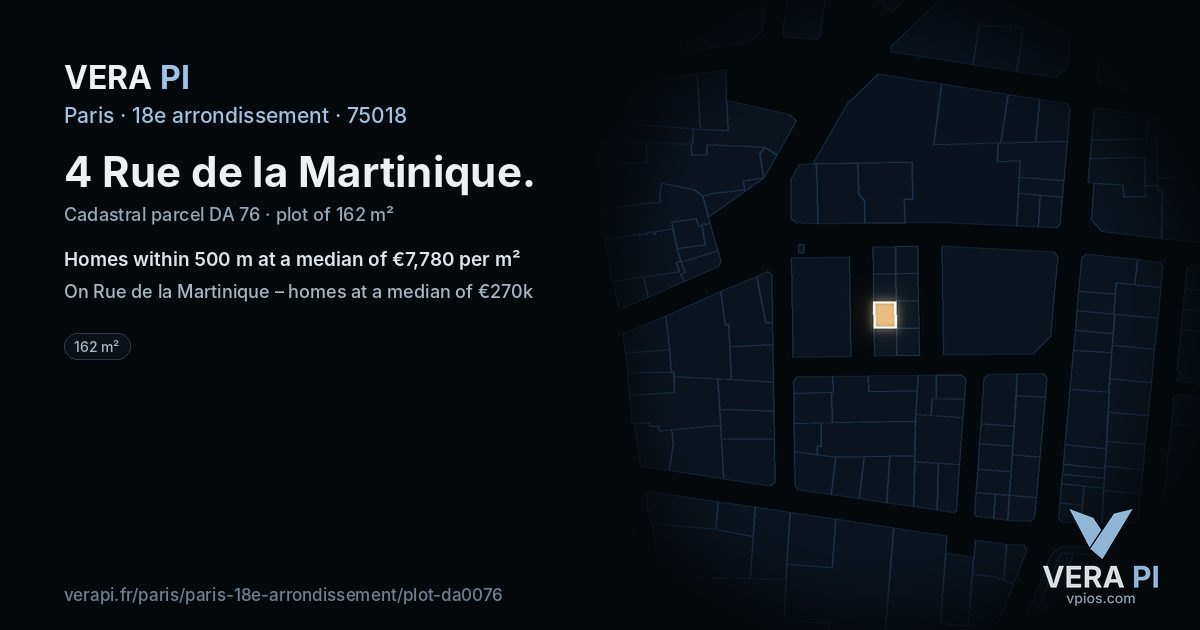 4 Rue de la Martinique, 18e arrondissement at night – the plot lit, the parcels around coloured by the prices near them