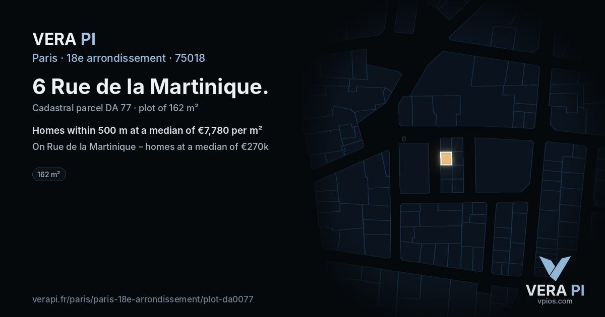 6 Rue de la Martinique, 18e arrondissement at night – the plot lit, the parcels around coloured by the prices near them
