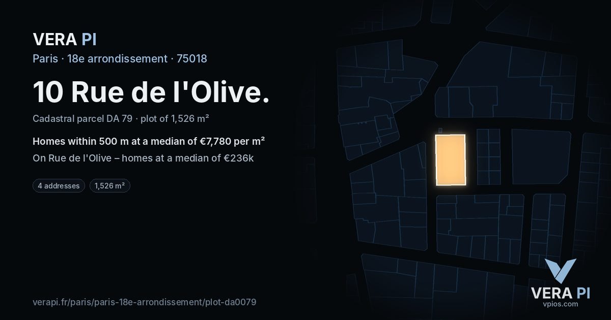 10 Rue de l'Olive, 18e arrondissement at night – the plot lit, the parcels around coloured by the prices near them