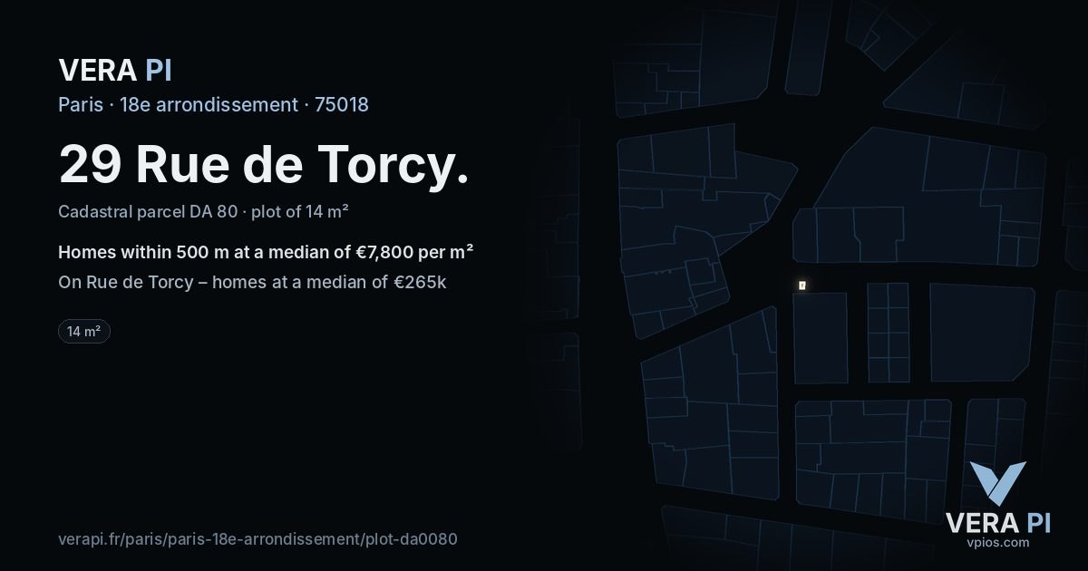 29 Rue de Torcy, 18e arrondissement at night – the plot lit, the parcels around coloured by the prices near them