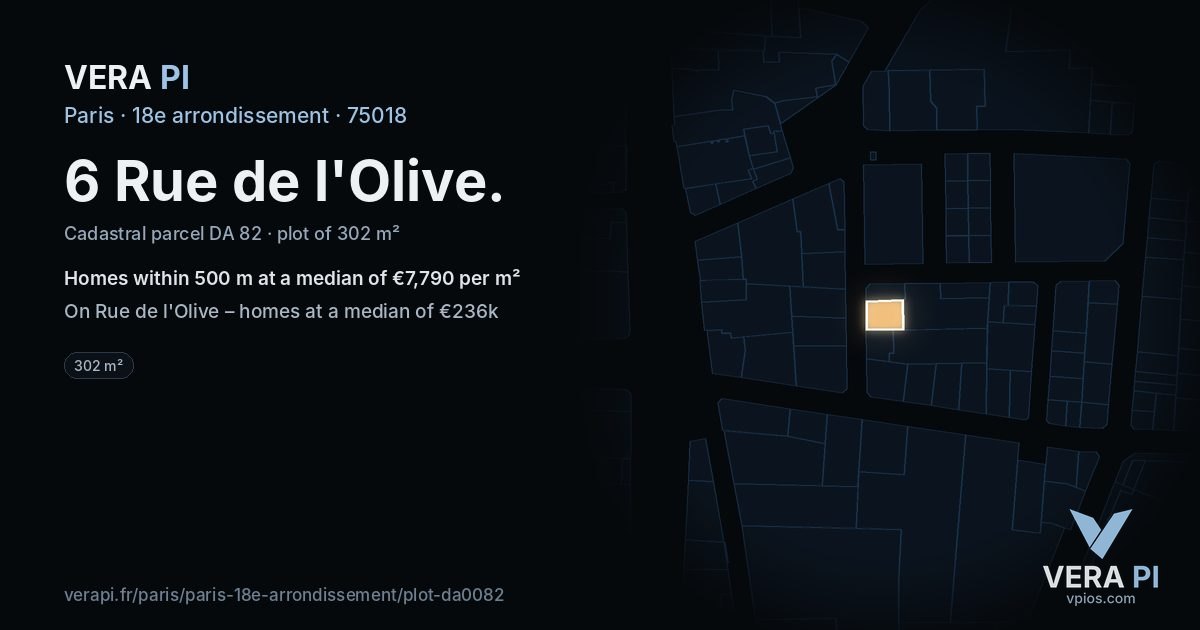 6 Rue de l'Olive, 18e arrondissement at night – the plot lit, the parcels around coloured by the prices near them