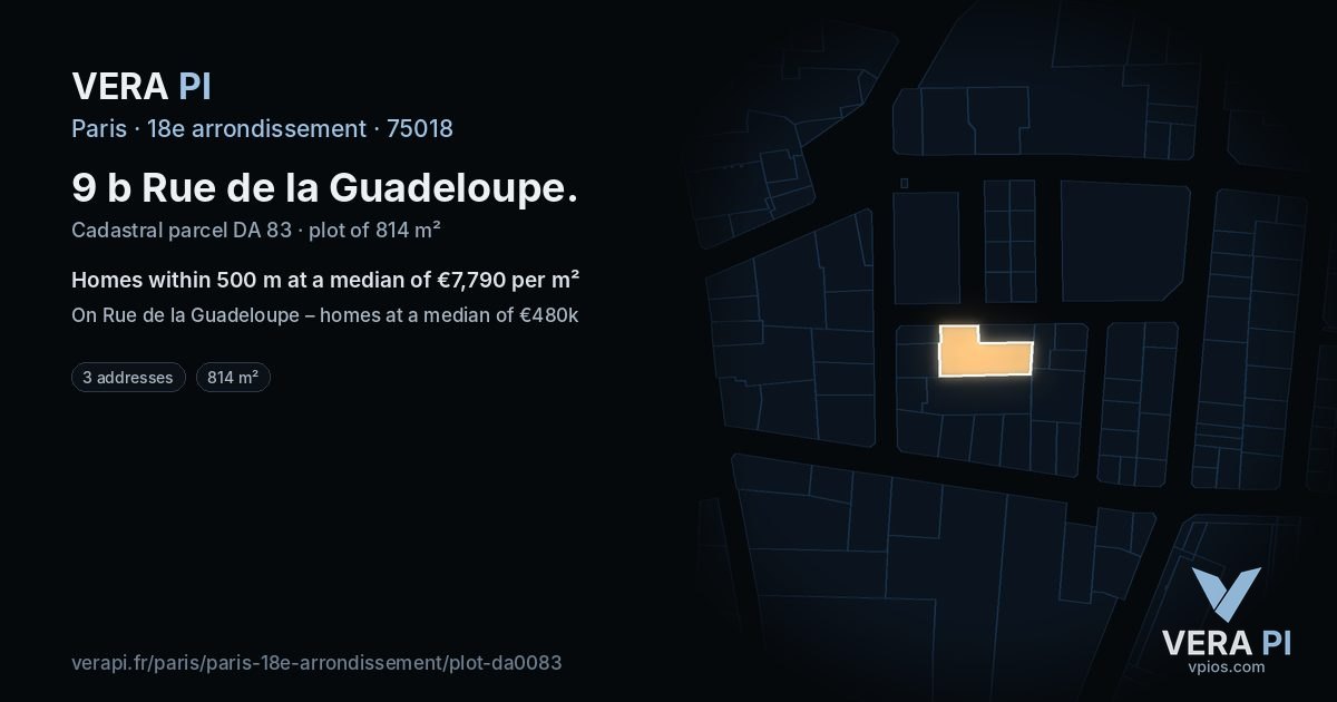 9 b Rue de la Guadeloupe, 18e arrondissement at night – the plot lit, the parcels around coloured by the prices near them