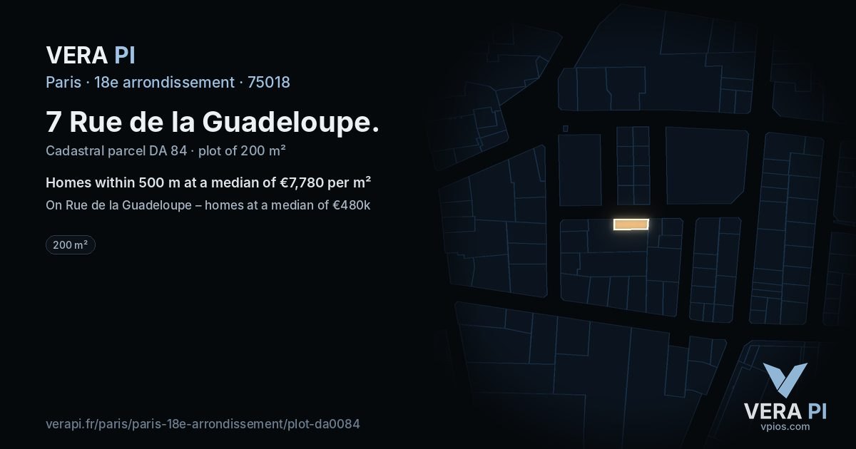 7 Rue de la Guadeloupe, 18e arrondissement at night – the plot lit, the parcels around coloured by the prices near them