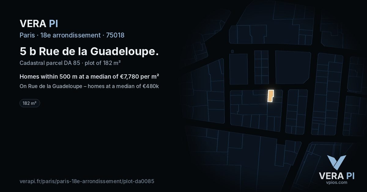 5 b Rue de la Guadeloupe, 18e arrondissement at night – the plot lit, the parcels around coloured by the prices near them