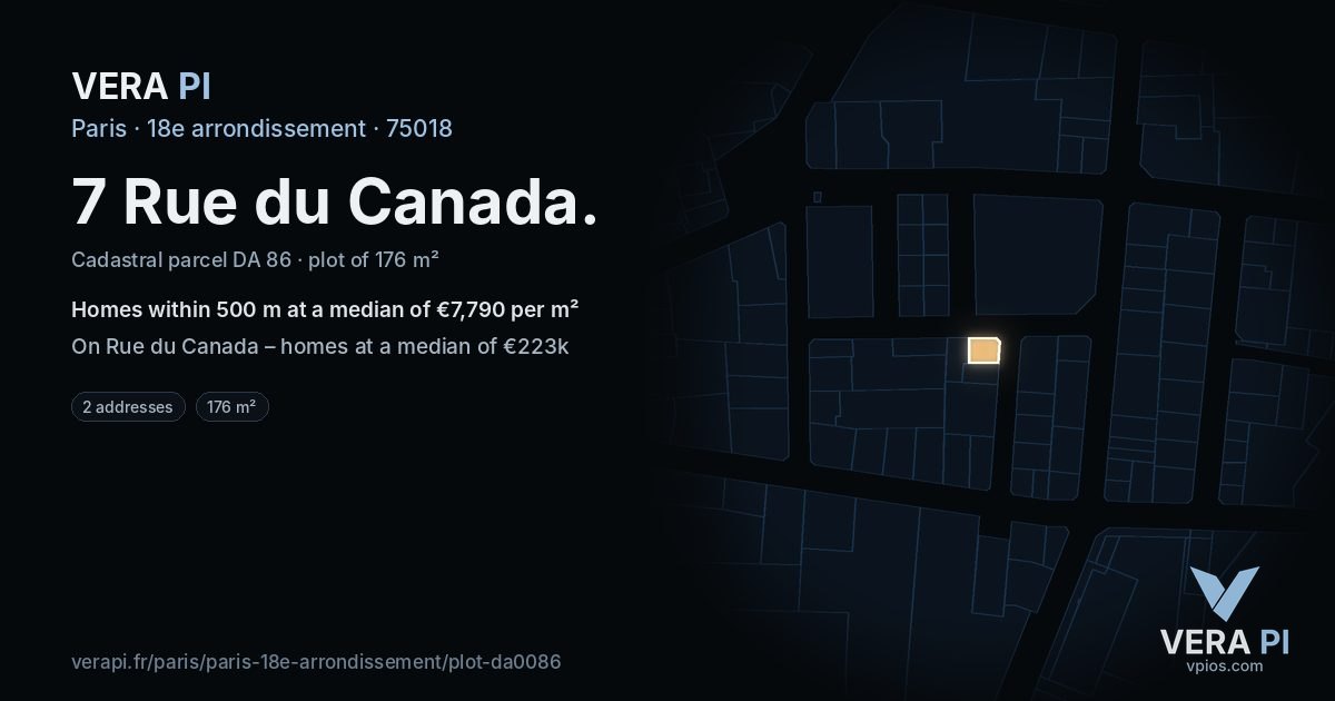 7 Rue du Canada, 18e arrondissement at night – the plot lit, the parcels around coloured by the prices near them