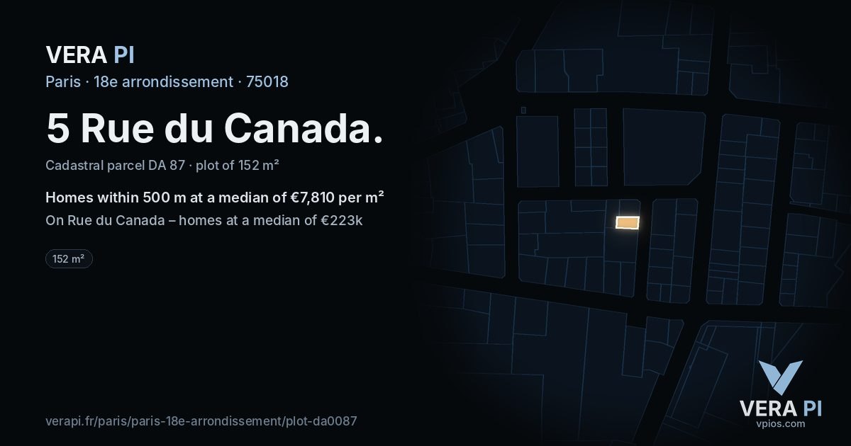 5 Rue du Canada, 18e arrondissement at night – the plot lit, the parcels around coloured by the prices near them