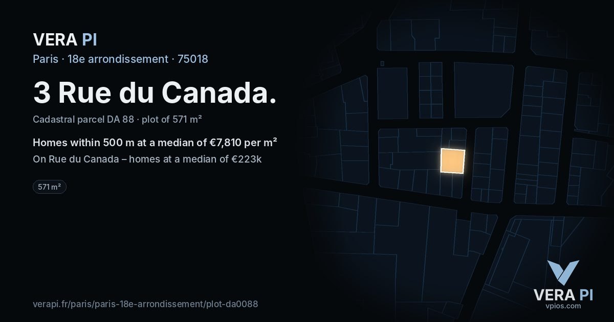 3 Rue du Canada, 18e arrondissement at night – the plot lit, the parcels around coloured by the prices near them