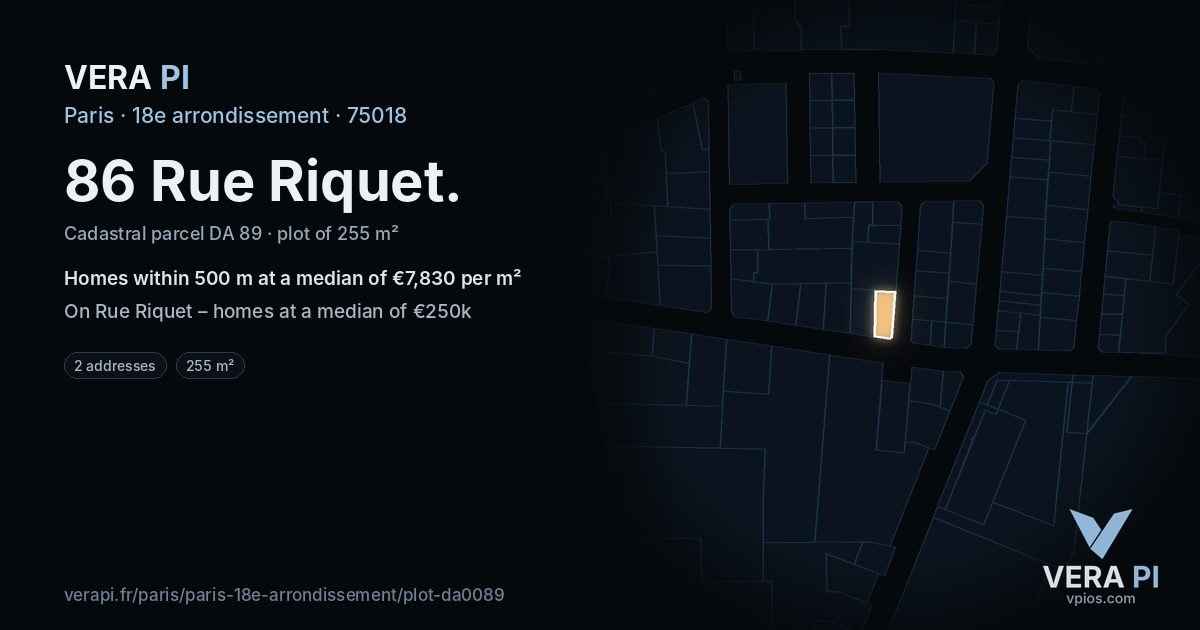 86 Rue Riquet, 18e arrondissement at night – the plot lit, the parcels around coloured by the prices near them