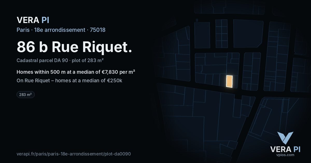 86 b Rue Riquet, 18e arrondissement at night – the plot lit, the parcels around coloured by the prices near them
