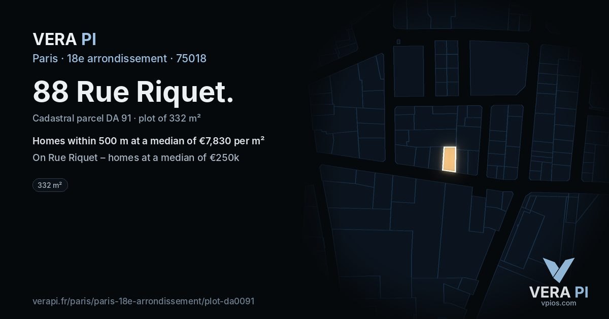 88 Rue Riquet, 18e arrondissement at night – the plot lit, the parcels around coloured by the prices near them