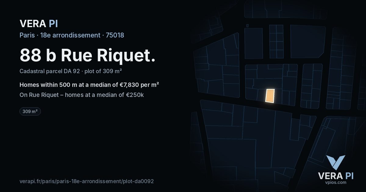 88 b Rue Riquet, 18e arrondissement at night – the plot lit, the parcels around coloured by the prices near them