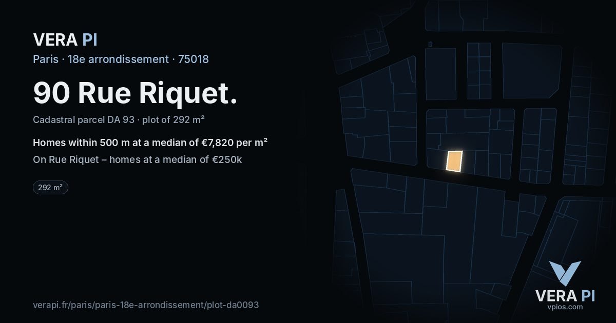 90 Rue Riquet, 18e arrondissement at night – the plot lit, the parcels around coloured by the prices near them