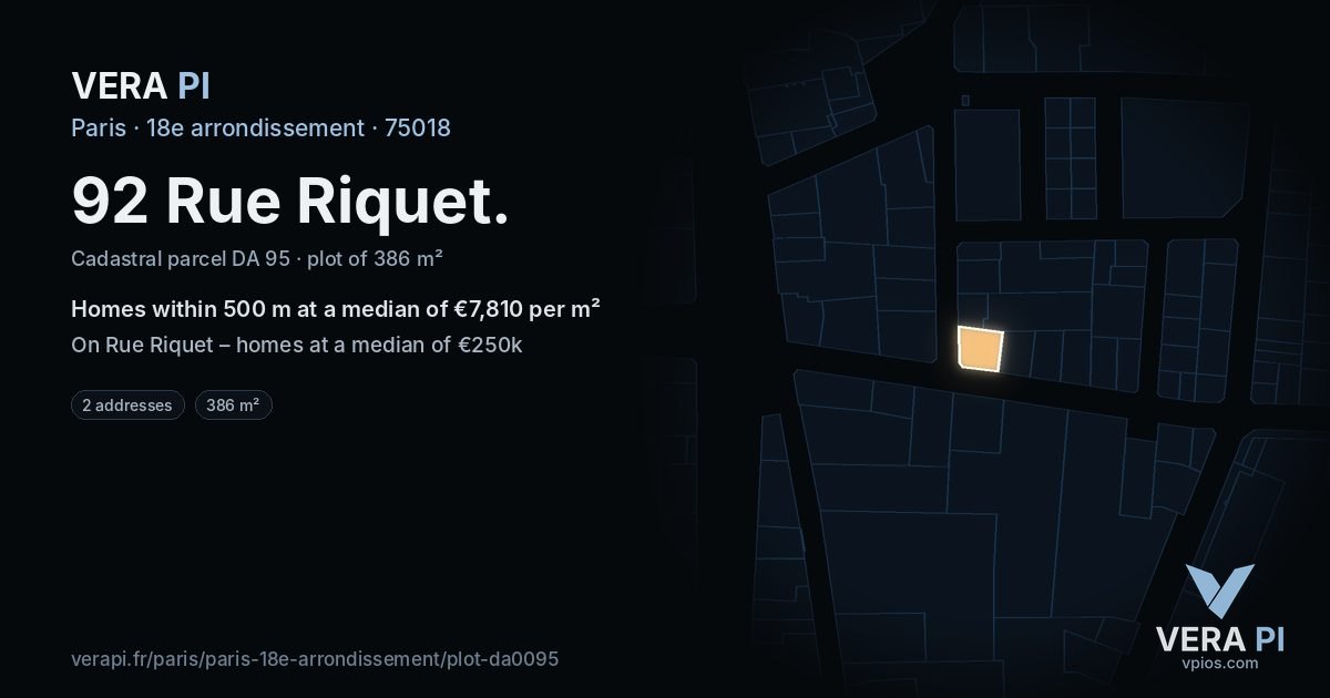 92 Rue Riquet, 18e arrondissement at night – the plot lit, the parcels around coloured by the prices near them