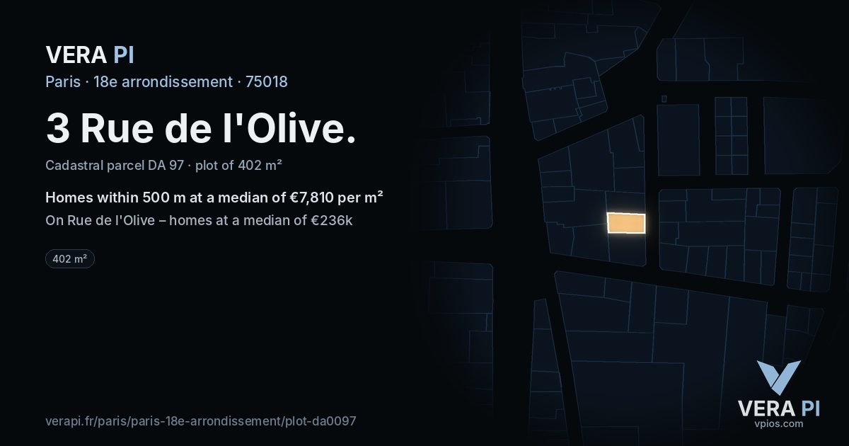3 Rue de l'Olive, 18e arrondissement at night – the plot lit, the parcels around coloured by the prices near them