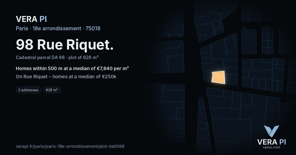 98 Rue Riquet, 18e arrondissement at night – the plot lit, the parcels around coloured by the prices near them