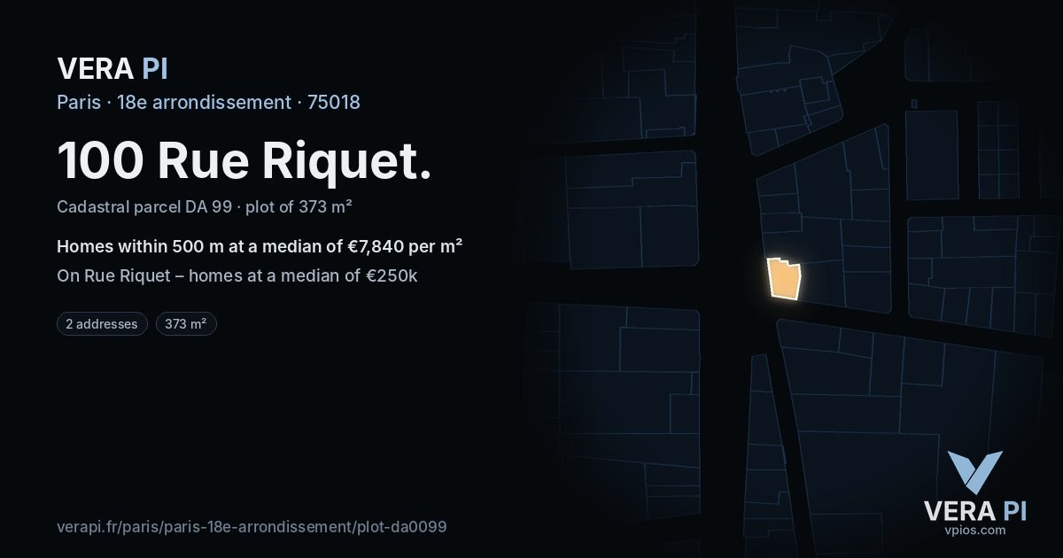 100 Rue Riquet, 18e arrondissement at night – the plot lit, the parcels around coloured by the prices near them