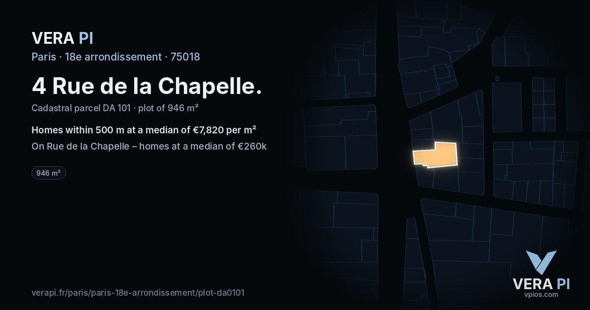 4 Rue de la Chapelle, 18e arrondissement at night – the plot lit, the parcels around coloured by the prices near them