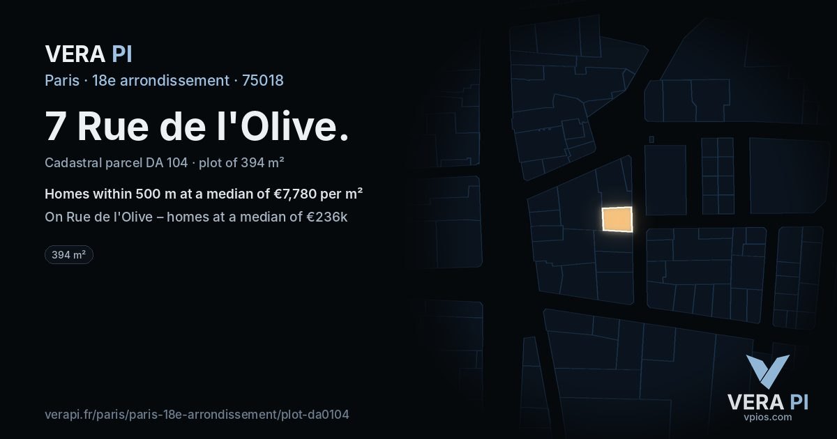 7 Rue de l'Olive, 18e arrondissement at night – the plot lit, the parcels around coloured by the prices near them