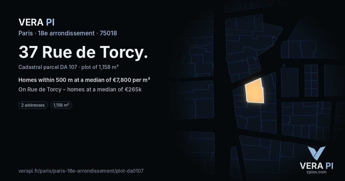 37 Rue de Torcy, 18e arrondissement at night – the plot lit, the parcels around coloured by the prices near them