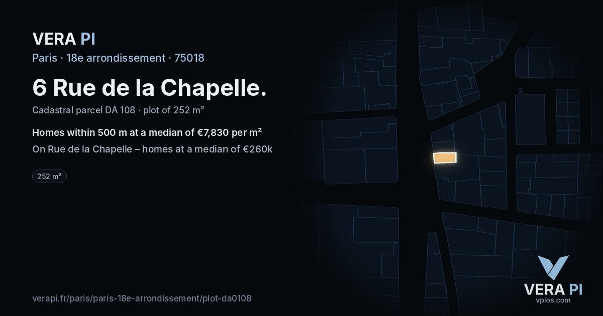 6 Rue de la Chapelle, 18e arrondissement at night – the plot lit, the parcels around coloured by the prices near them