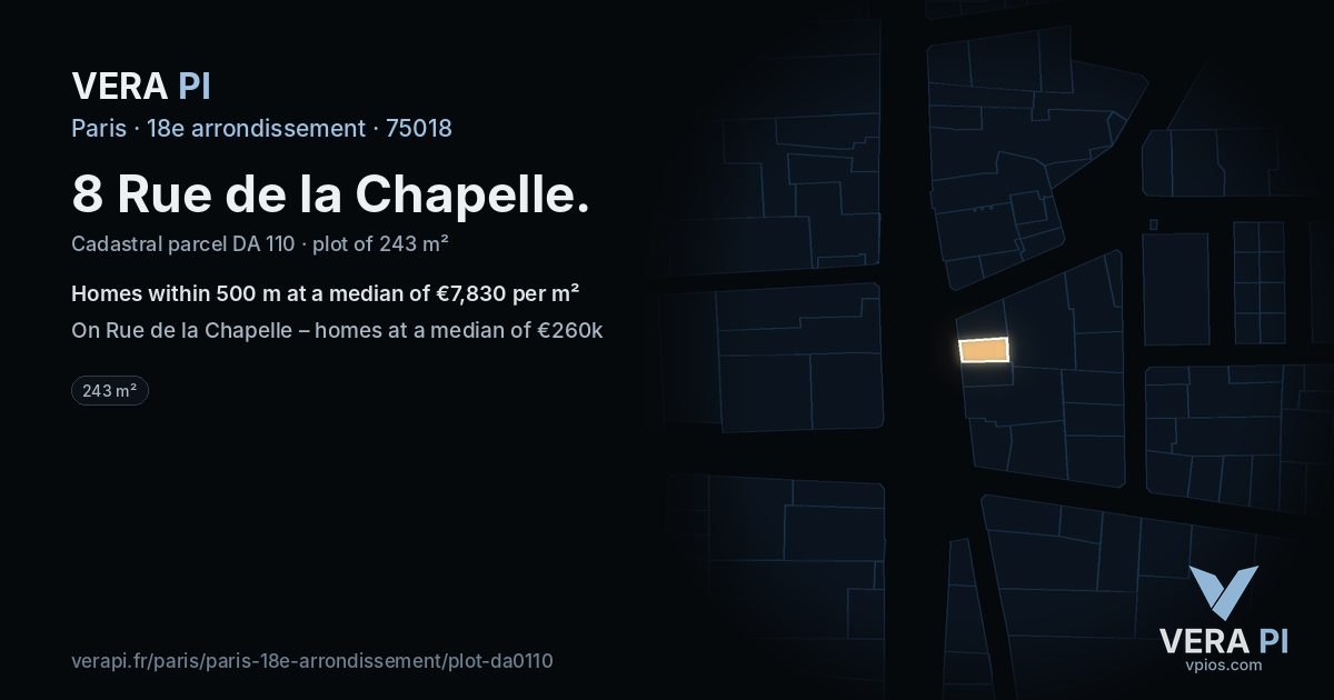 8 Rue de la Chapelle, 18e arrondissement at night – the plot lit, the parcels around coloured by the prices near them