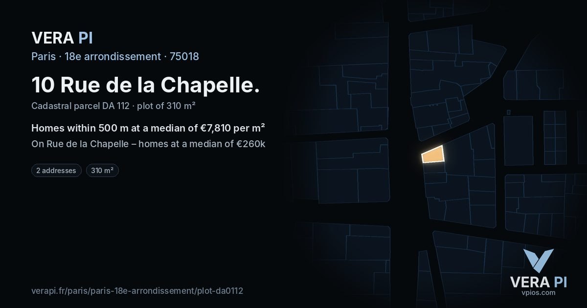 10 Rue de la Chapelle, 18e arrondissement at night – the plot lit, the parcels around coloured by the prices near them