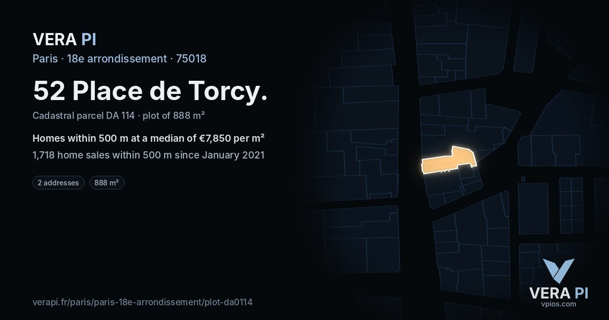 52 Place de Torcy, 18e arrondissement at night – the plot lit, the parcels around coloured by the prices near them