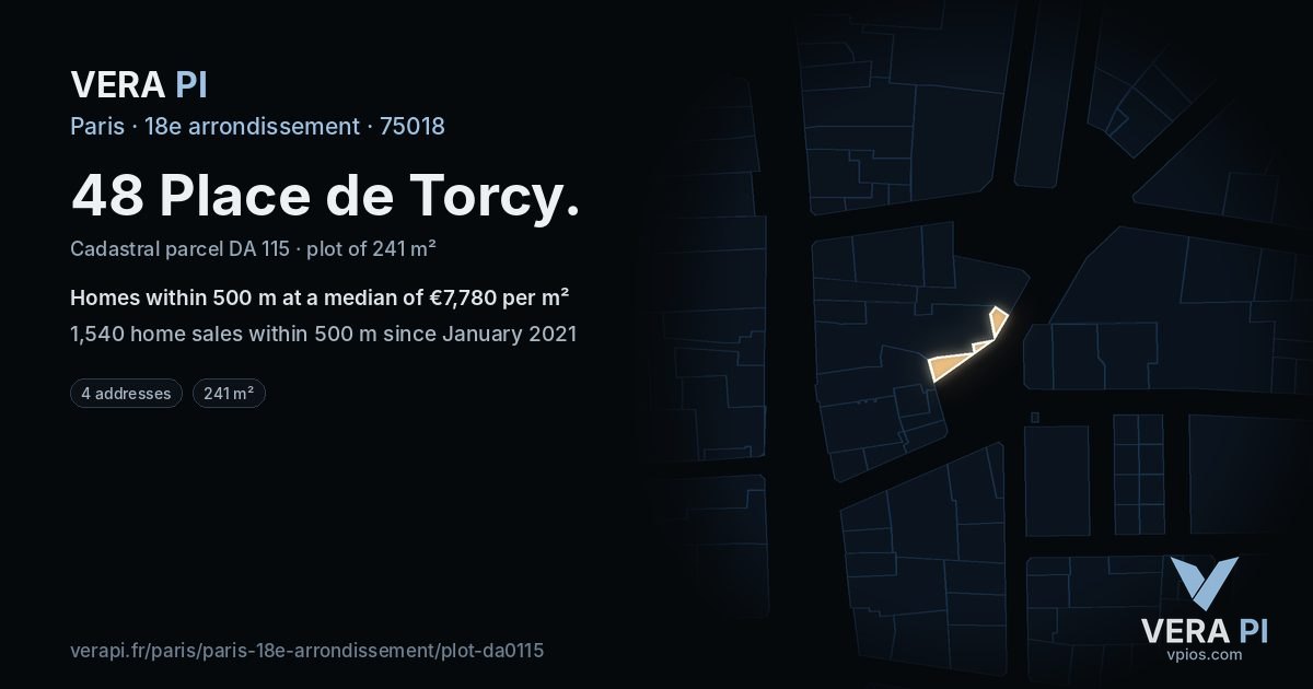 48 Place de Torcy, 18e arrondissement at night – the plot lit, the parcels around coloured by the prices near them