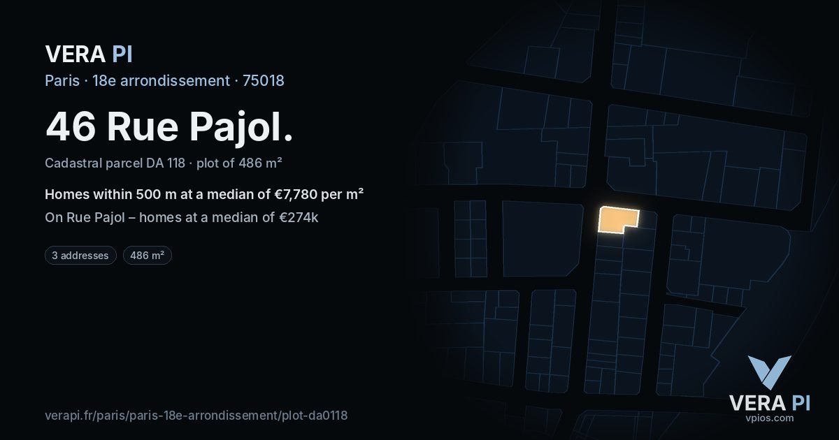 46 Rue Pajol, 18e arrondissement at night – the plot lit, the parcels around coloured by the prices near them