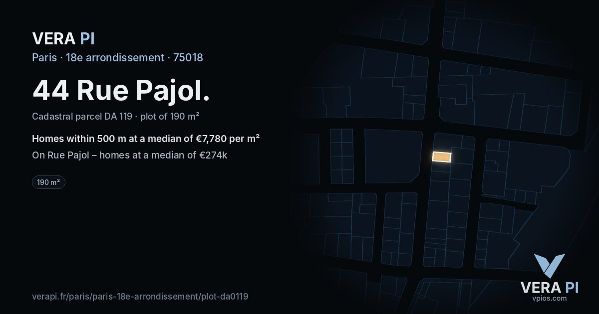 44 Rue Pajol, 18e arrondissement at night – the plot lit, the parcels around coloured by the prices near them