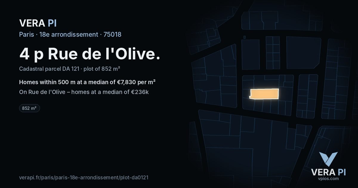 4 p Rue de l'Olive, 18e arrondissement at night – the plot lit, the parcels around coloured by the prices near them