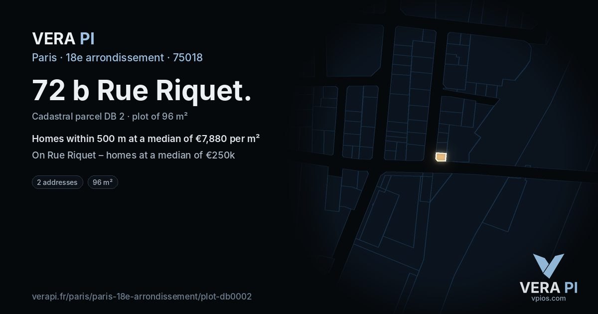 72 b Rue Riquet, 18e arrondissement at night – the plot lit, the parcels around coloured by the prices near them