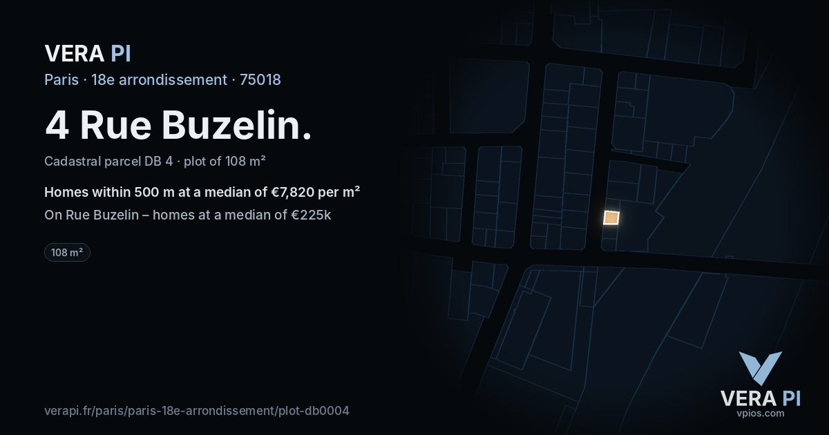 4 Rue Buzelin, 18e arrondissement at night – the plot lit, the parcels around coloured by the prices near them