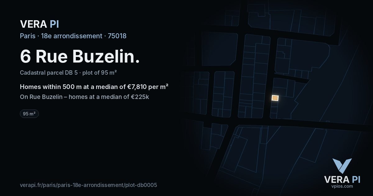 6 Rue Buzelin, 18e arrondissement at night – the plot lit, the parcels around coloured by the prices near them