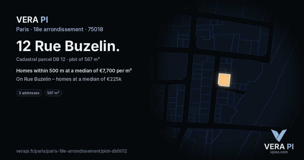 12 Rue Buzelin, 18e arrondissement at night – the plot lit, the parcels around coloured by the prices near them