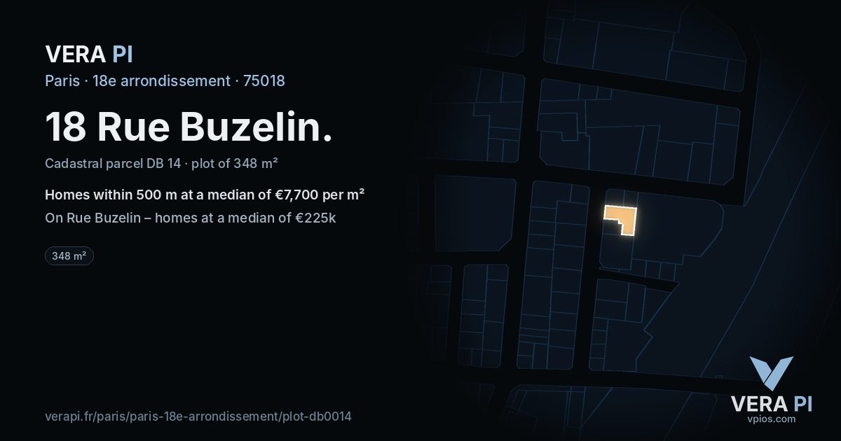 18 Rue Buzelin, 18e arrondissement at night – the plot lit, the parcels around coloured by the prices near them