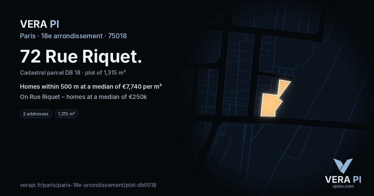 72 Rue Riquet, 18e arrondissement at night – the plot lit, the parcels around coloured by the prices near them