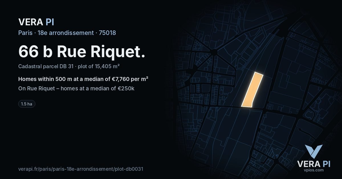 66 b Rue Riquet, 18e arrondissement at night – the plot lit, the parcels around coloured by the prices near them