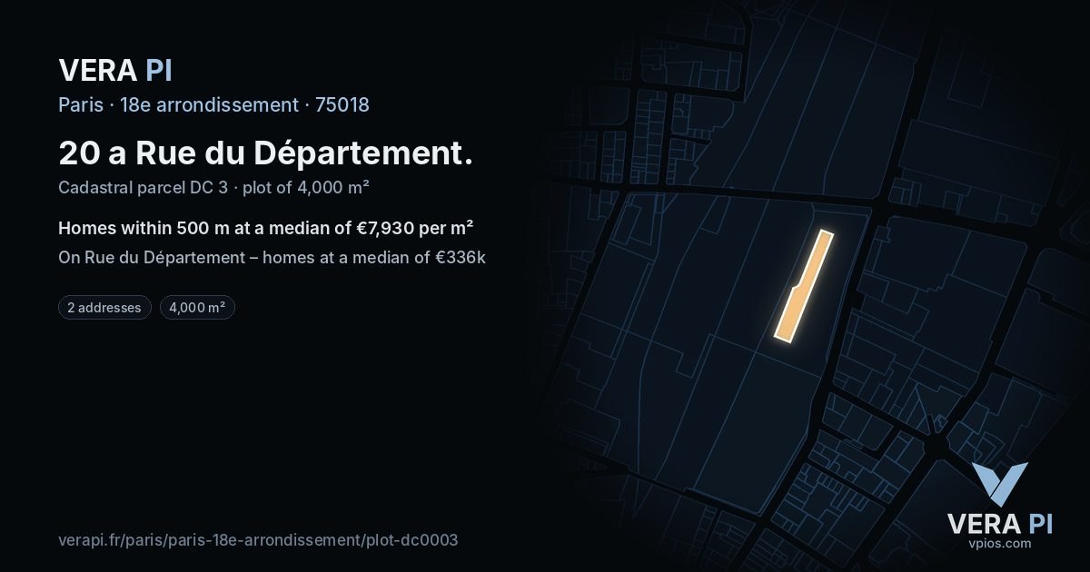 20 a Rue du Département, 18e arrondissement at night – the plot lit, the parcels around coloured by the prices near them