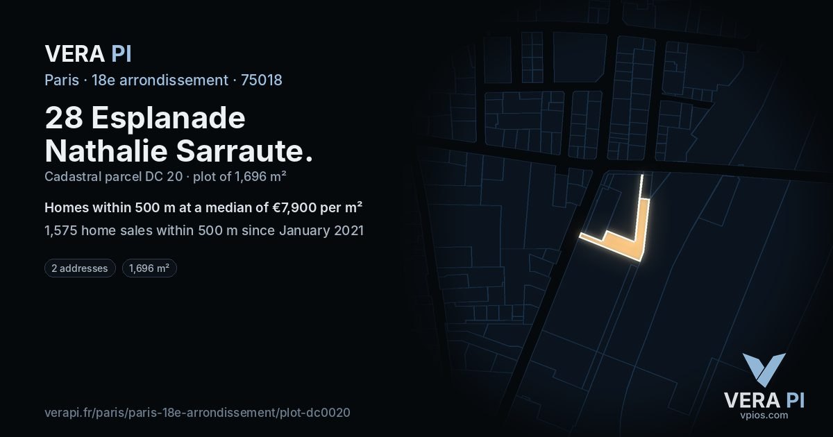 28 Esplanade Nathalie Sarraute, 18e arrondissement at night – the plot lit, the parcels around coloured by the prices near them