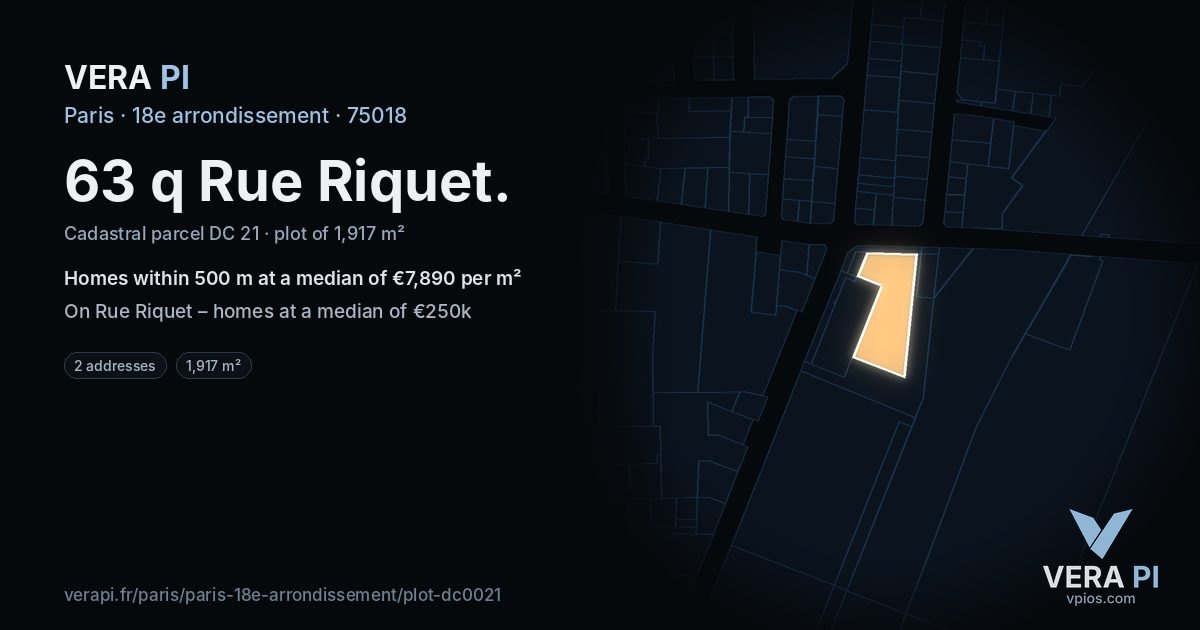 63 q Rue Riquet, 18e arrondissement at night – the plot lit, the parcels around coloured by the prices near them
