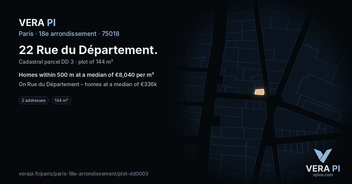 22 Rue du Département, 18e arrondissement at night – the plot lit, the parcels around coloured by the prices near them