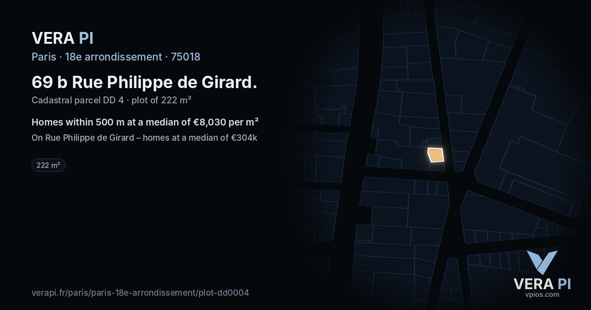 69 b Rue Philippe de Girard, 18e arrondissement at night – the plot lit, the parcels around coloured by the prices near them