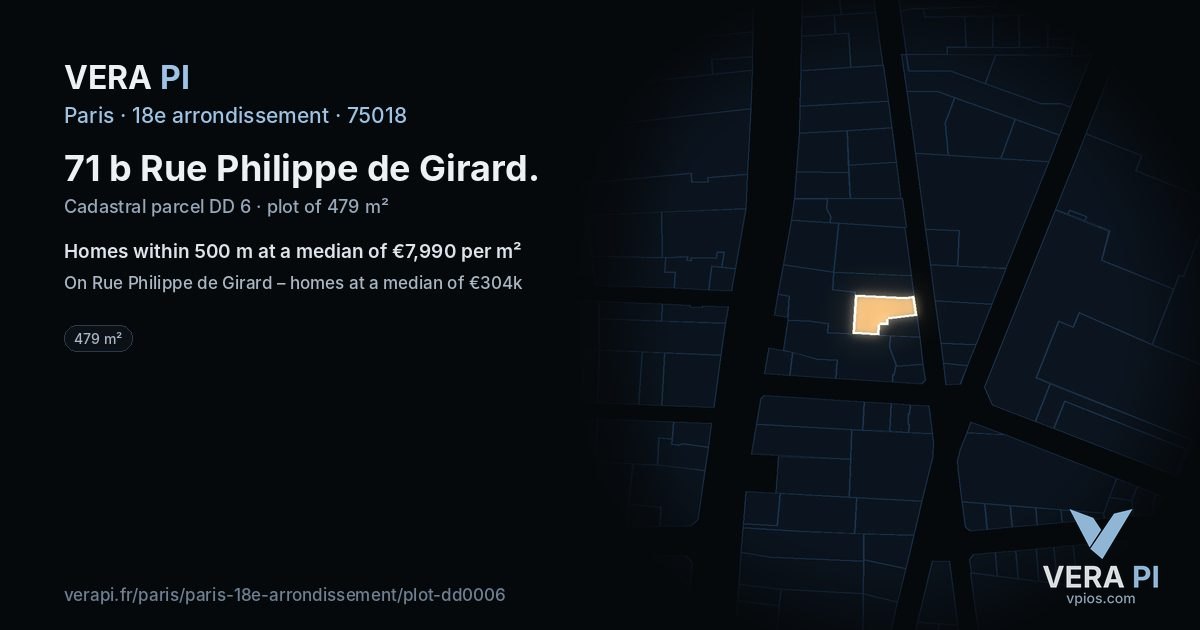 71 b Rue Philippe de Girard, 18e arrondissement at night – the plot lit, the parcels around coloured by the prices near them