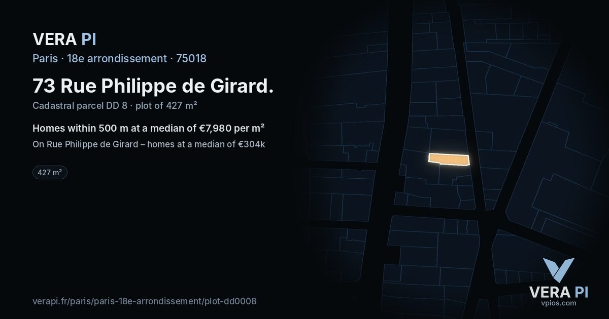 73 Rue Philippe de Girard, 18e arrondissement at night – the plot lit, the parcels around coloured by the prices near them