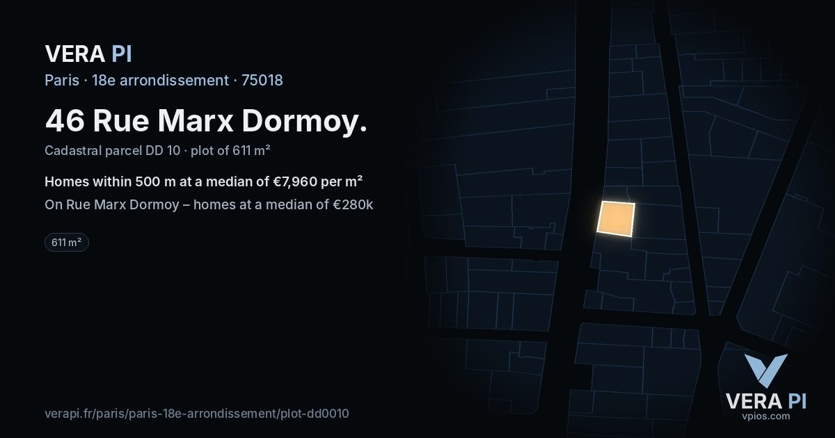 46 Rue Marx Dormoy, 18e arrondissement at night – the plot lit, the parcels around coloured by the prices near them